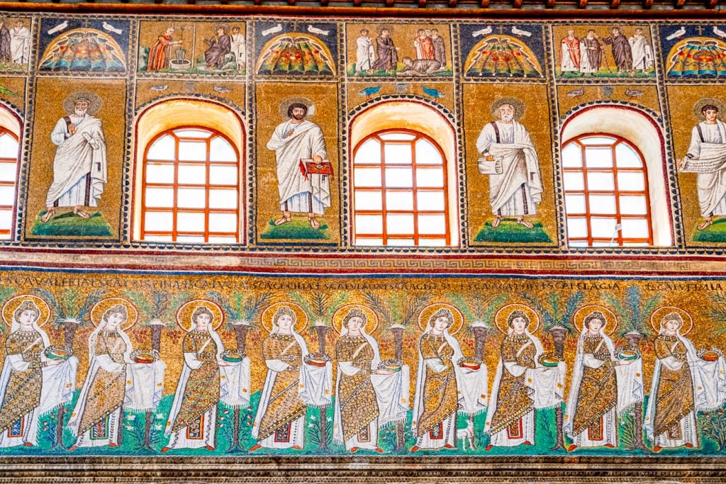 mosaics of saints along the walls of Basilica of Sant'Apollinare Nuovo