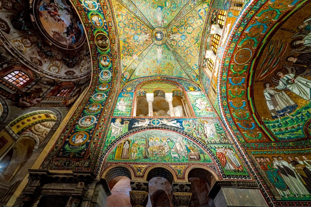 ceiling of the mosaics of the basilica of san vitale as seen looking up at the side