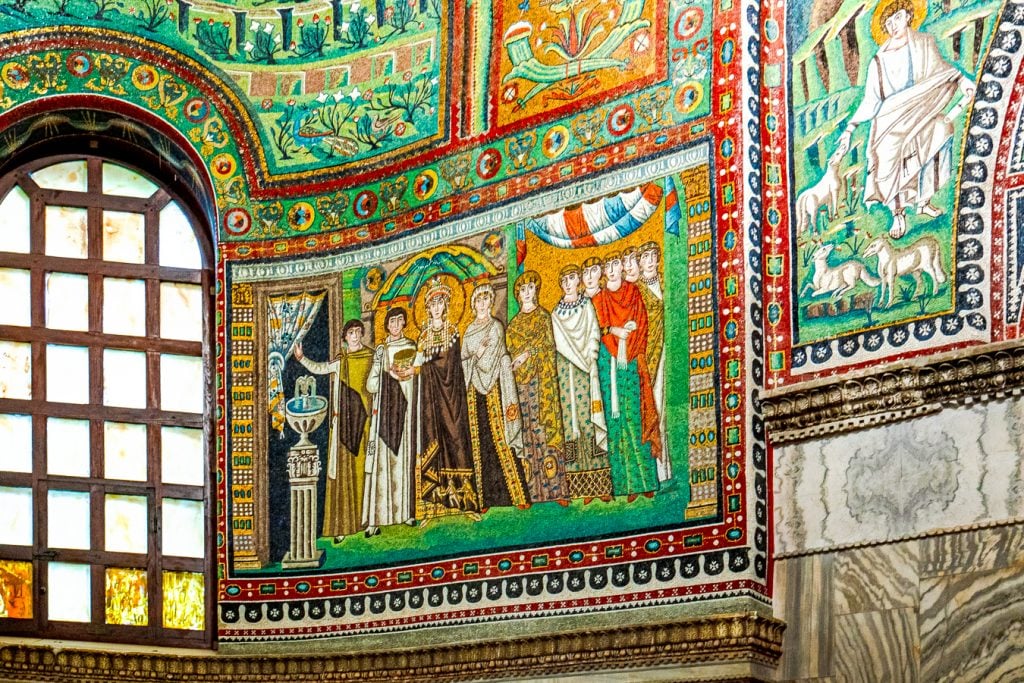 panel of ravenna mosaics in the basilica of san vitale showing empress theodora and her entourage