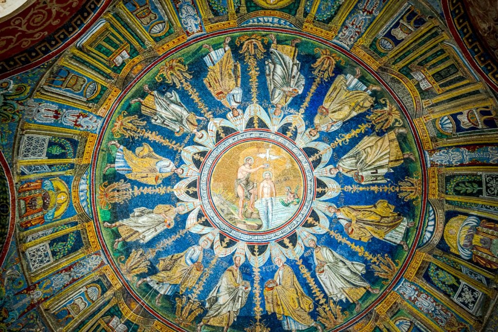 ceiling of the neonian baptistery, one of the unesco mosaics ravenna italy