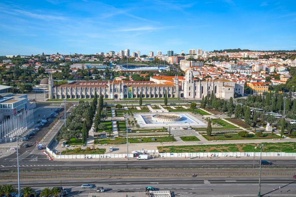 view of the jeronimos monastery from above taken from the monument to the discoveries, one of the best views to visit belem lisbon