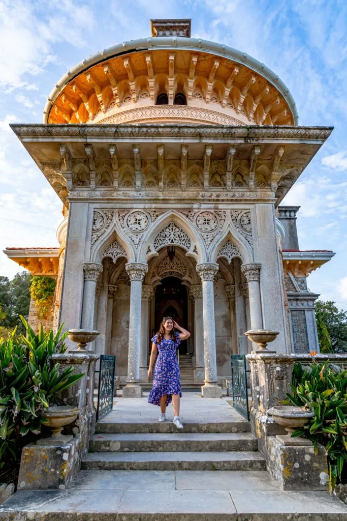 kate stor standing in front of monserrate palace in sintra, one of the best day trips from lisbon portugal