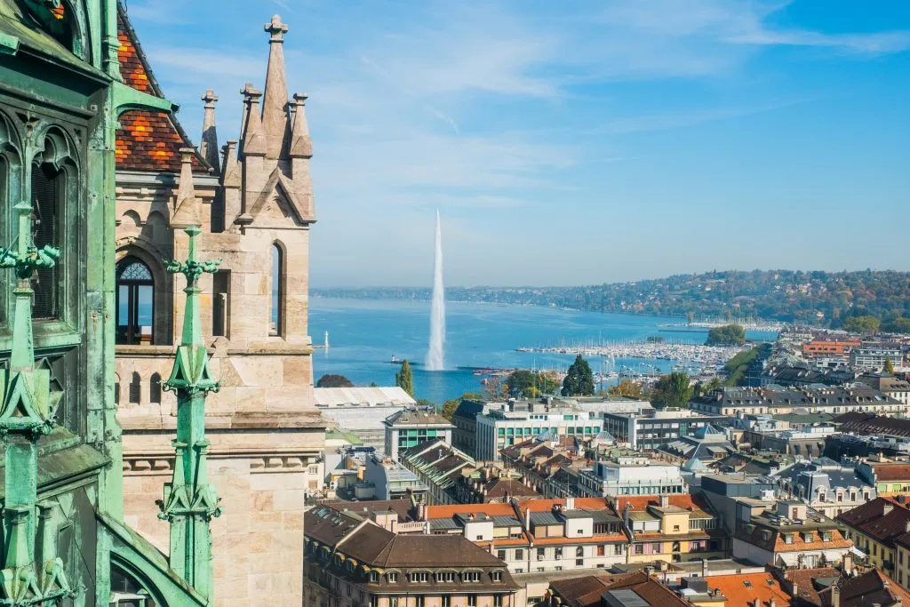 view of lake geneva and the city from saint pierre cathedral in geneva, one of the best places in switzerland to visit