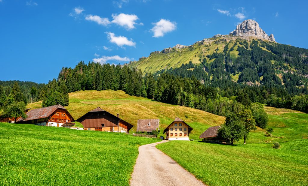 hiking path through tiny village in switzerland on sunny summer day