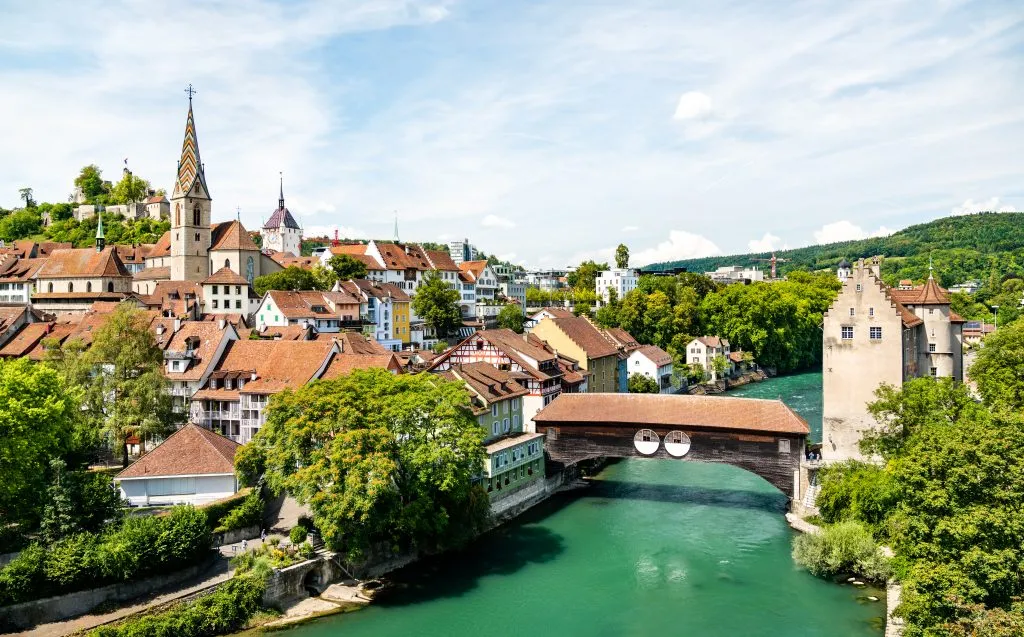 baden switzerland with river in the foreground, one of the beautiful small towns in switzerland
