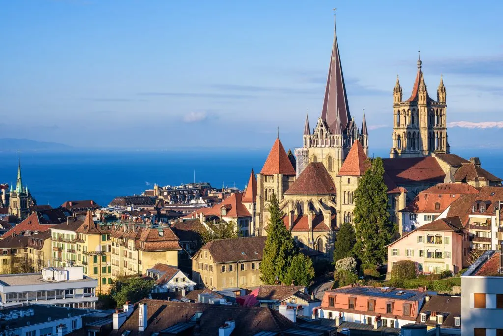 skyline of lausanne switzerland with gothic cathedral prominent