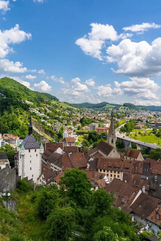 view of the center of baden switzerland from above in the summer