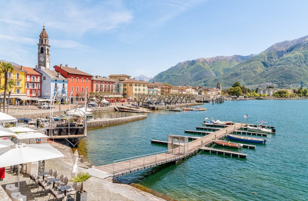 ascona switzerland with lake in the foreground and town visible in the background