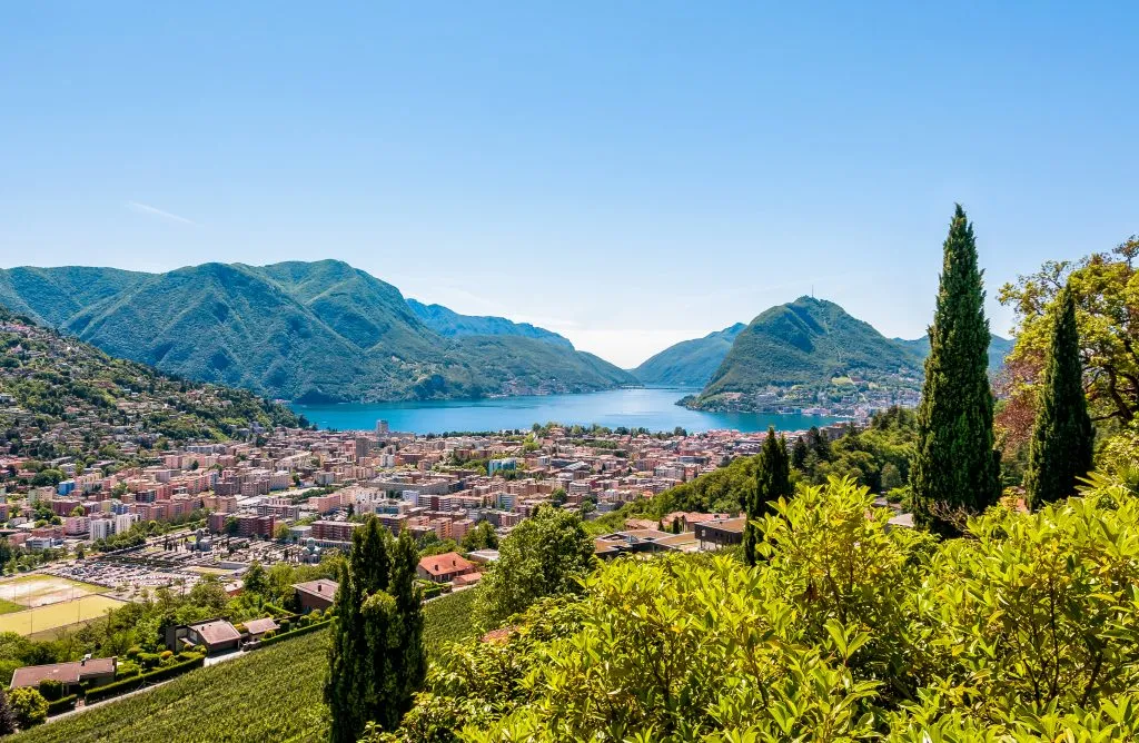 view of lugano city and lake from above