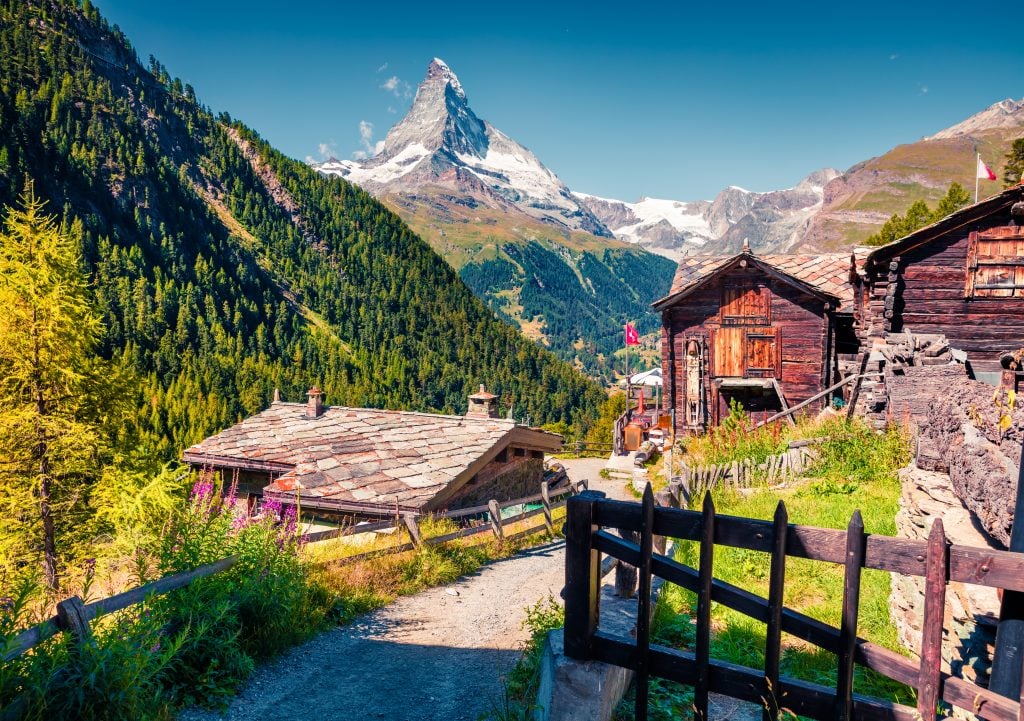 hiking trail in zermatt switzerland with matterhorn in the background, one of the most beautiful places in switzerland to visit