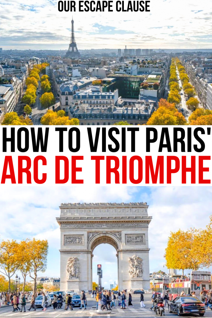 2 photos of arc de triomphe, one of the arch and one of the view from going up the arc de triomphe, black and red text reads "how to visit paris arc de triomphe"