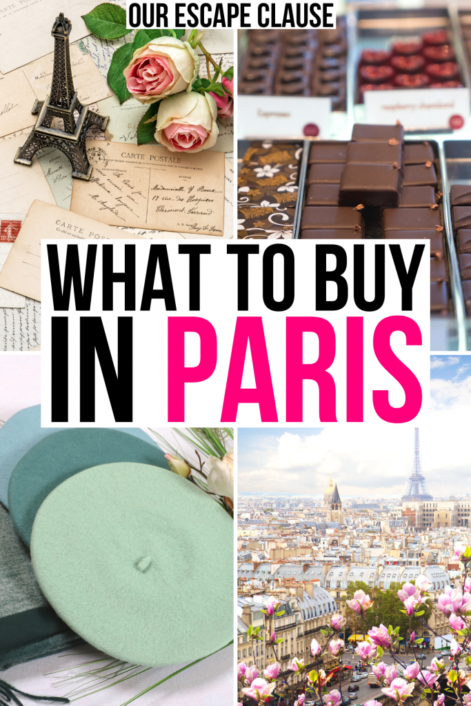 4 photos of different paris souvenirs including model eiffel tower and chocolate, black and pink text reads "what to buy in paris"