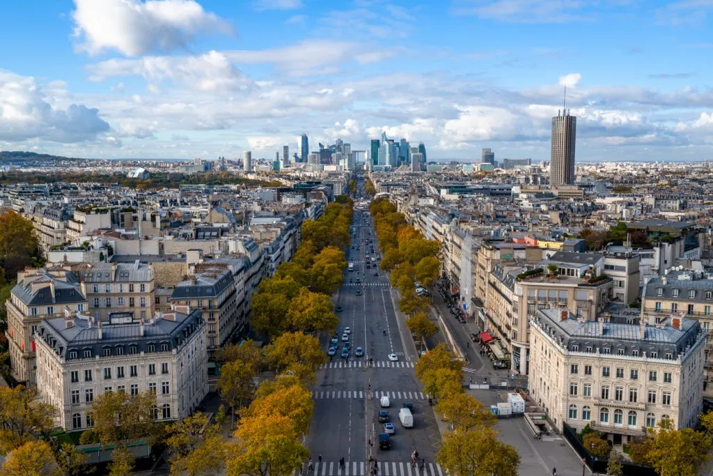view of la defense paris in the distance as seen from rooftop arc de triomphe