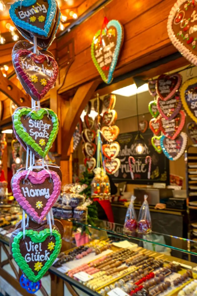 iced hearts of lebkuchen for sale on a display at an advent market in bavaria christmas