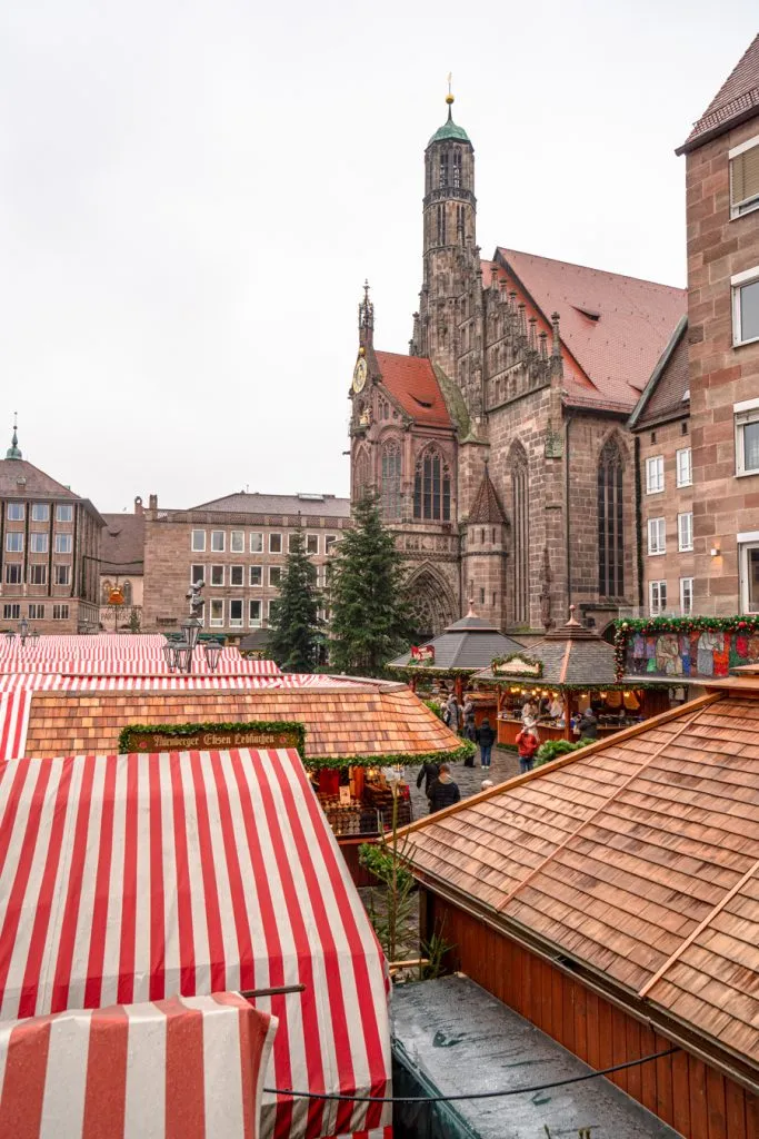 nuremberg christmas market stalls from above with church in the background