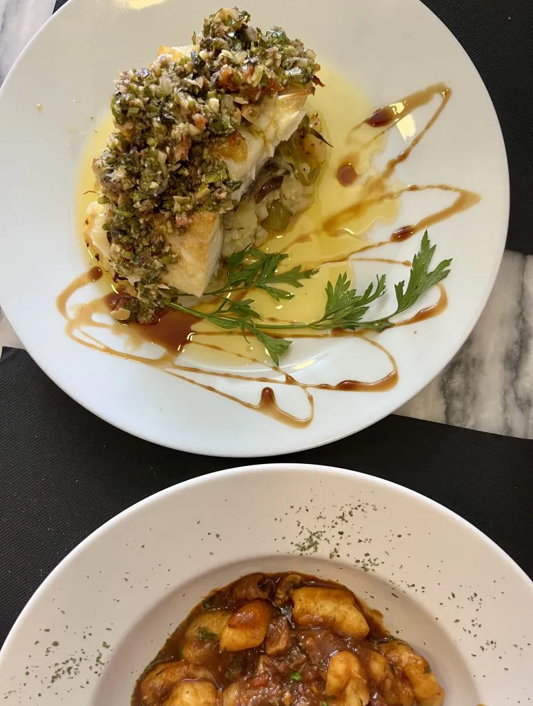 fish and pasta served at Taberna dos Ferreiros and shot from above
