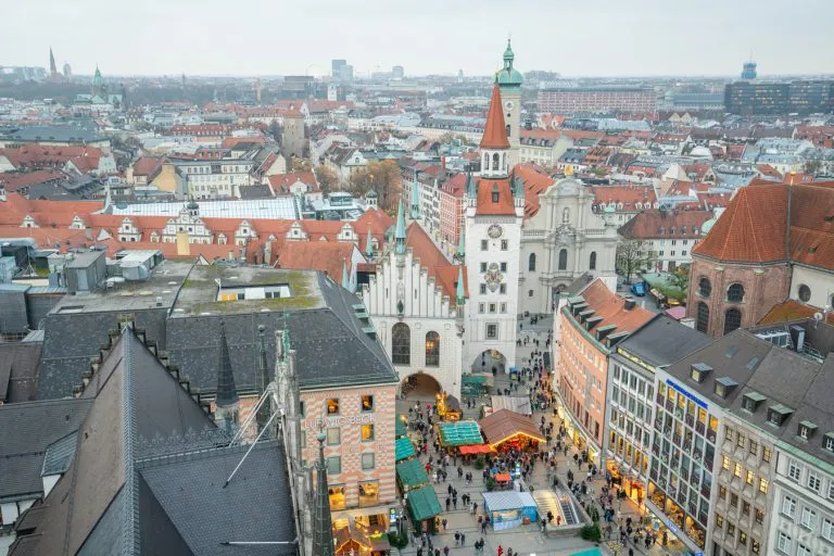 view of marienplatz in munich germany from neus rathaus, one of the best stops on a one day munich itinerary
