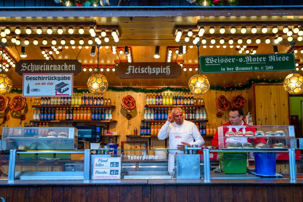 traditional snack stall at a german christmas market in december