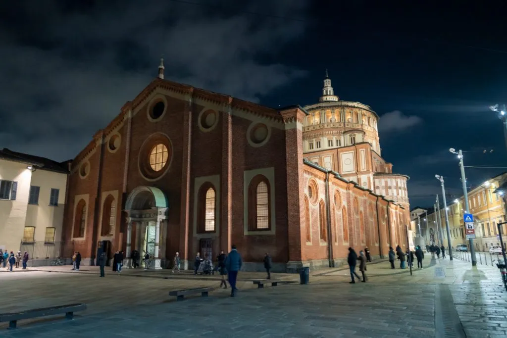 front facade of the santa maria delle grazie at night home of the last supper in milan