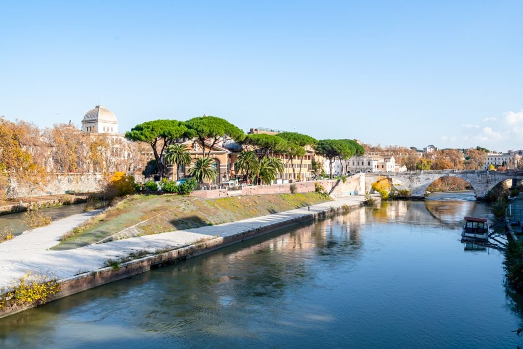 view of tiber island with ponte cestio visible on the right side of the photo