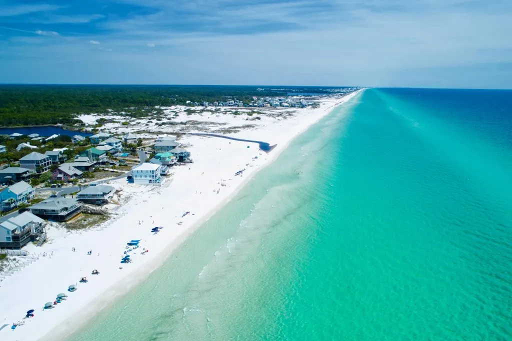 aerial view of beach at 30a florida, one of the best beach vacations in usa summer trip