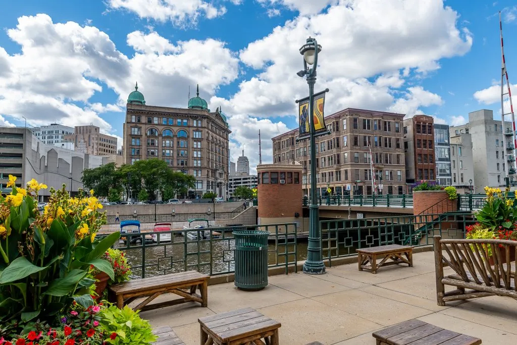 riverwalk in downtown milwaukee wisconsin, a fun city to visit in the usa june july and august