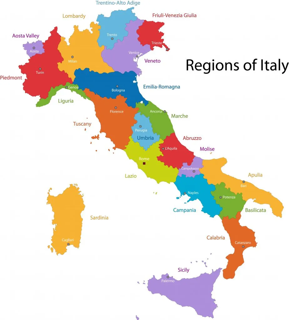 map of the 20 italy regions clearly defined in bold colors