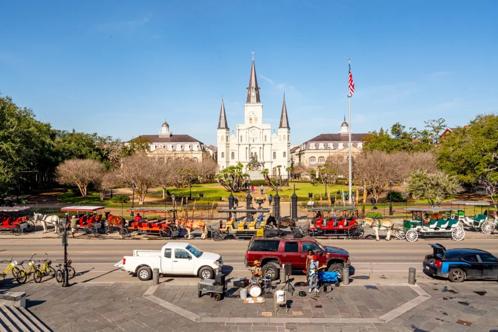 jackson square nola as seen from above with band in the foreground, one of the best places to visit in new orleans in one day itinerary