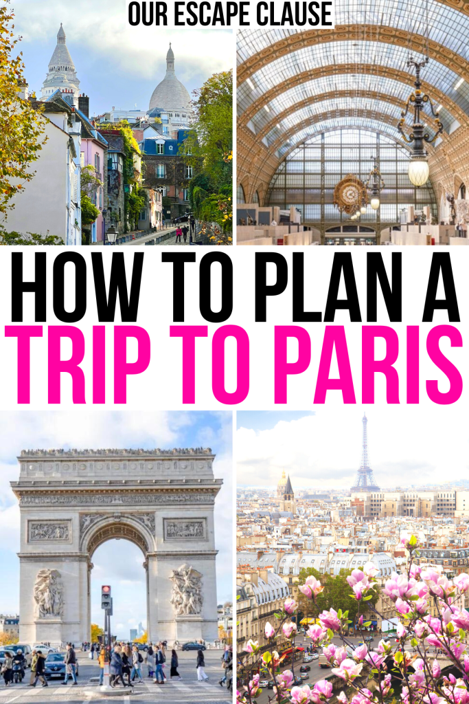 4 photos of paris attractions, eiffel tower, arc de triomphe, orsay, montmartre. black and pink text reads "how to plan a trip to paris"