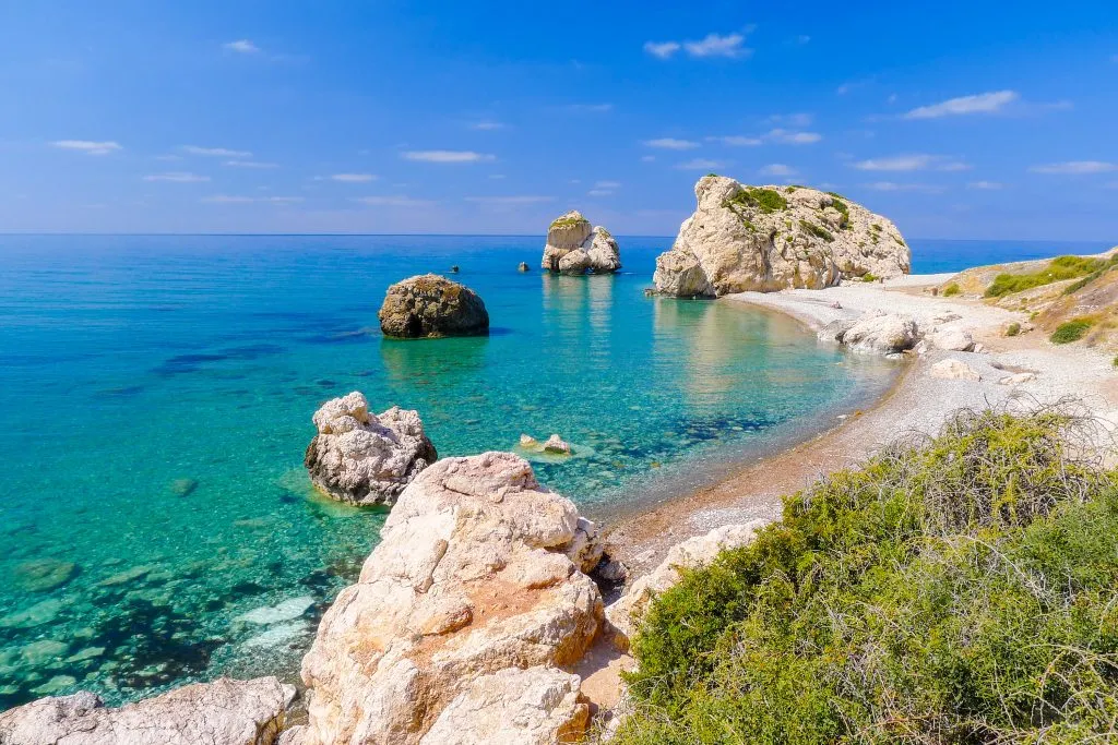 Petra tou Romiou aphrodite beach in paphos cyprus, one of the most beautiful coastal cities in europe