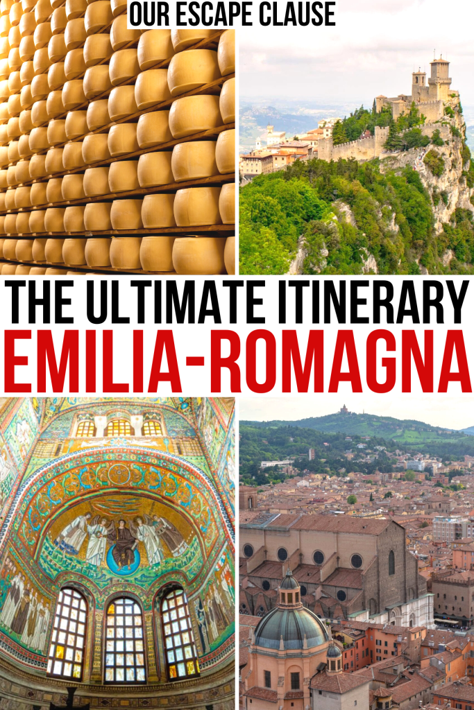 4 photos of things to do in emilia romagna, cheese factory san marino ravenna mosaics bologna viewpoint. black and red text reads "the ultimate itinerary emilia romagna"