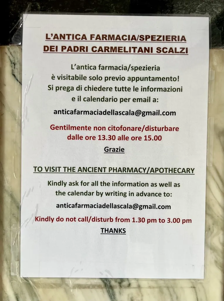 instructions for visiting the pharmacy of santa maria della scala, one of the best hidden gems in trastevere rome