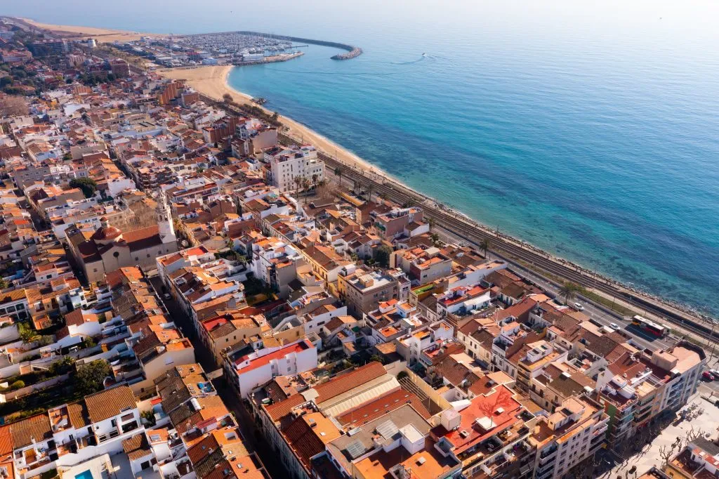 aerial view of premia de mar, one of the best beach towns near barcelona spain