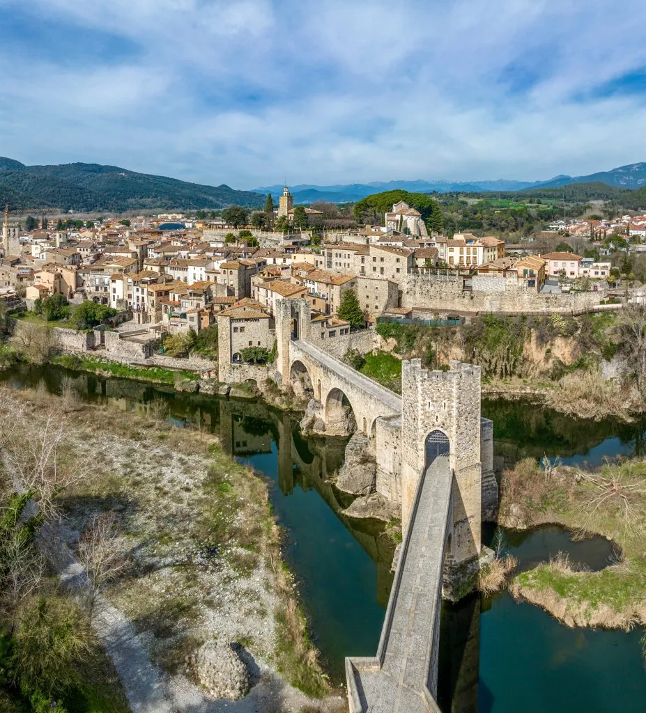 aerial view of besalu spain with bridges prominent in the view