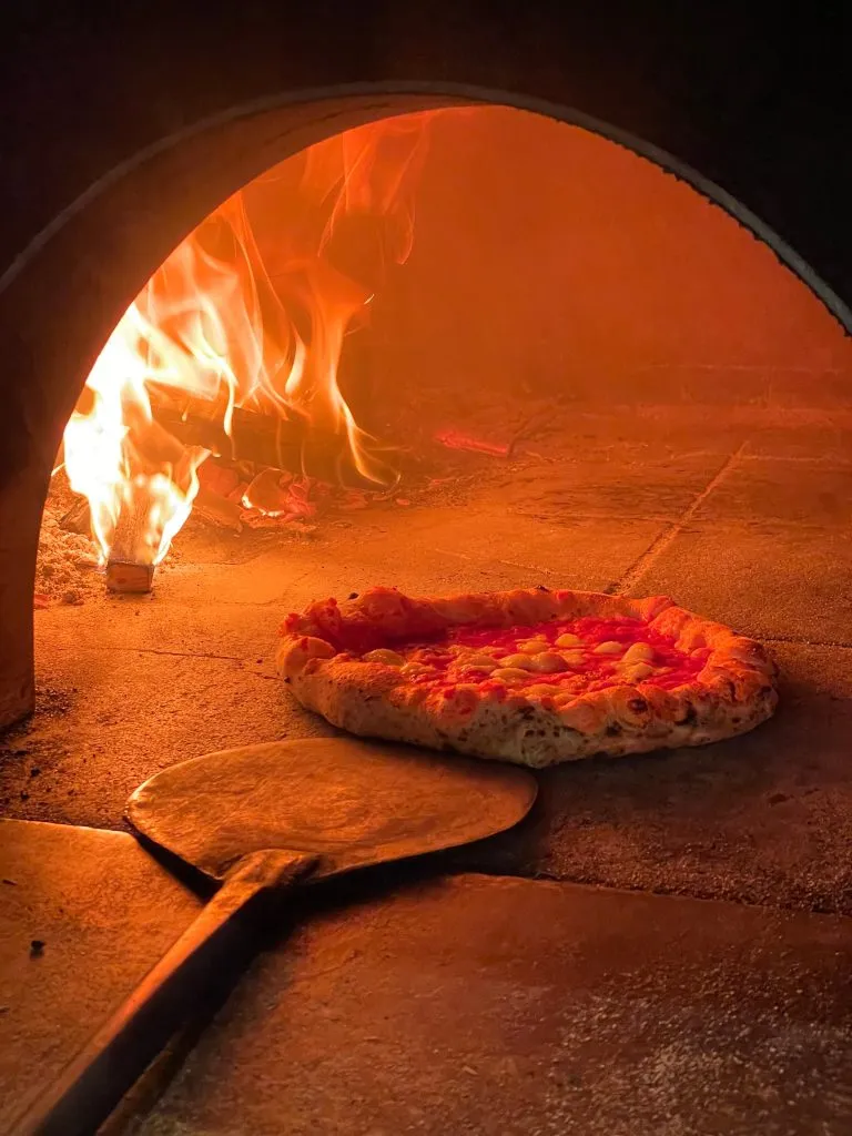 close up of a pizza n italy with paddle near it in a wood burning pizza oven
