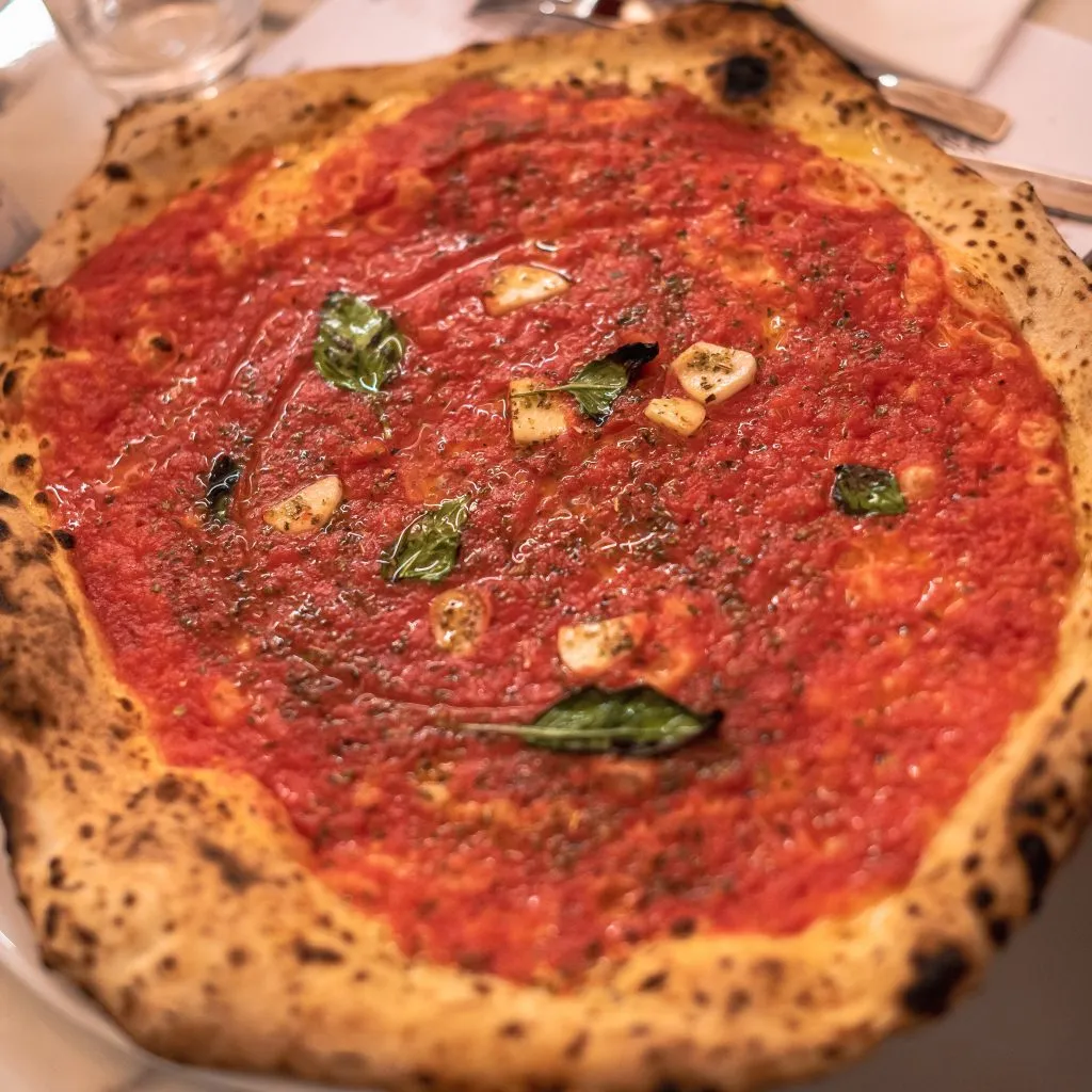 pizza marinara as seen from above