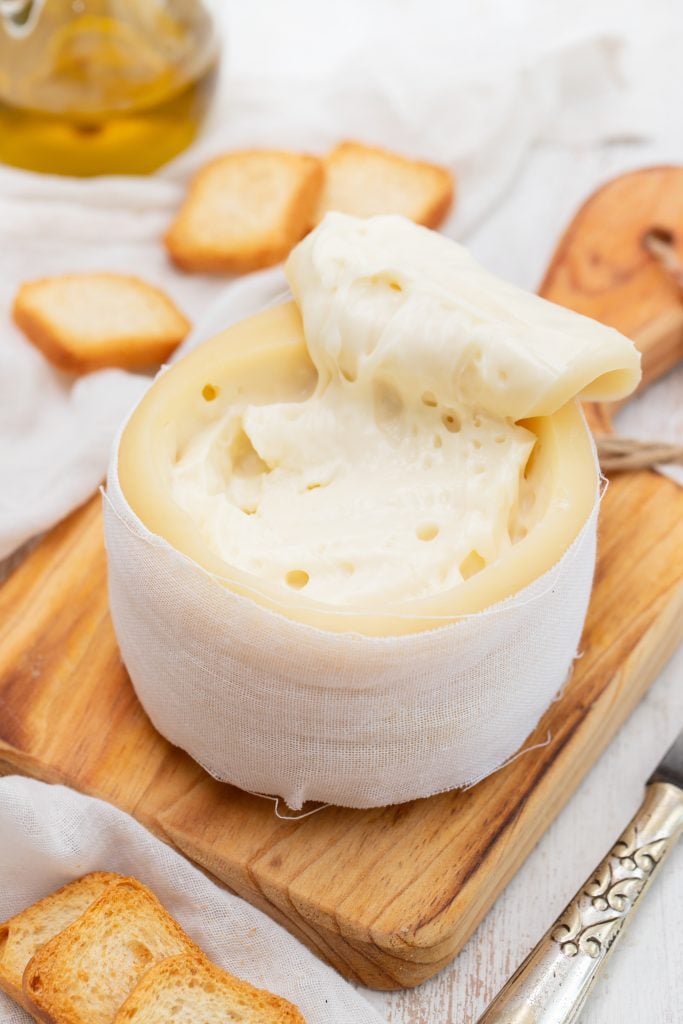 wheel of serra da estrela cheese opened at the top, a delicious food to sample in portugal in winter