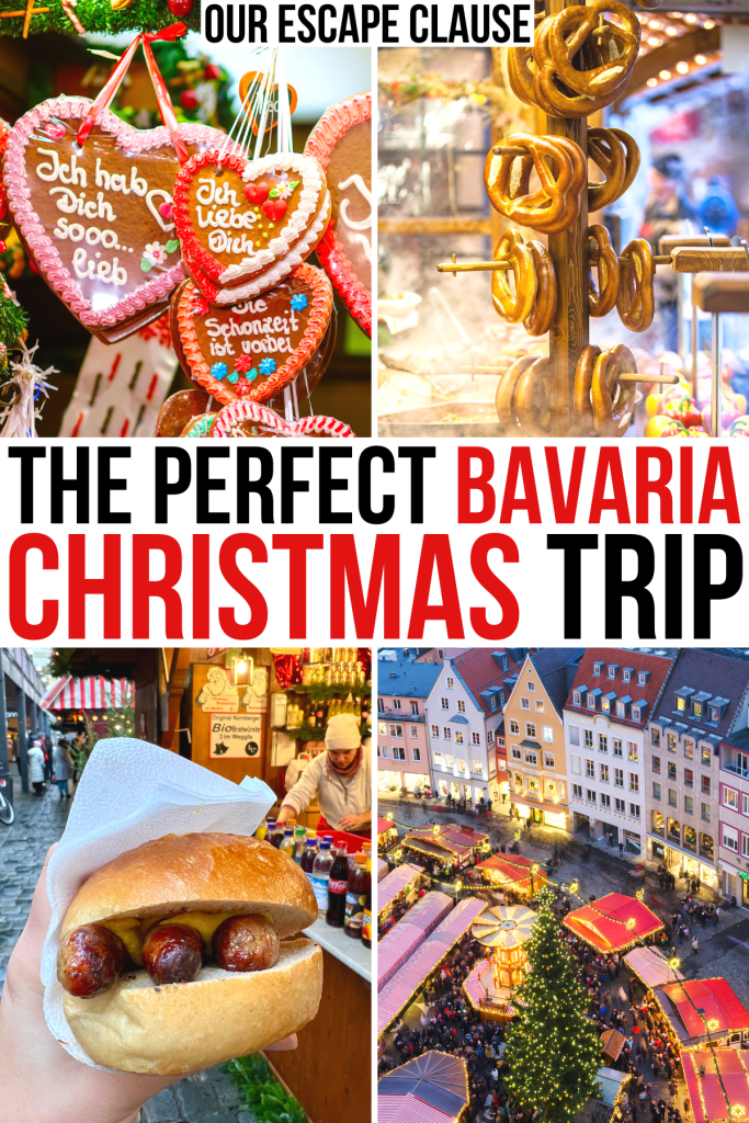 4 photos of food and decor from german advent markets, red and black text reads "the perfect bavaria christmas trip"