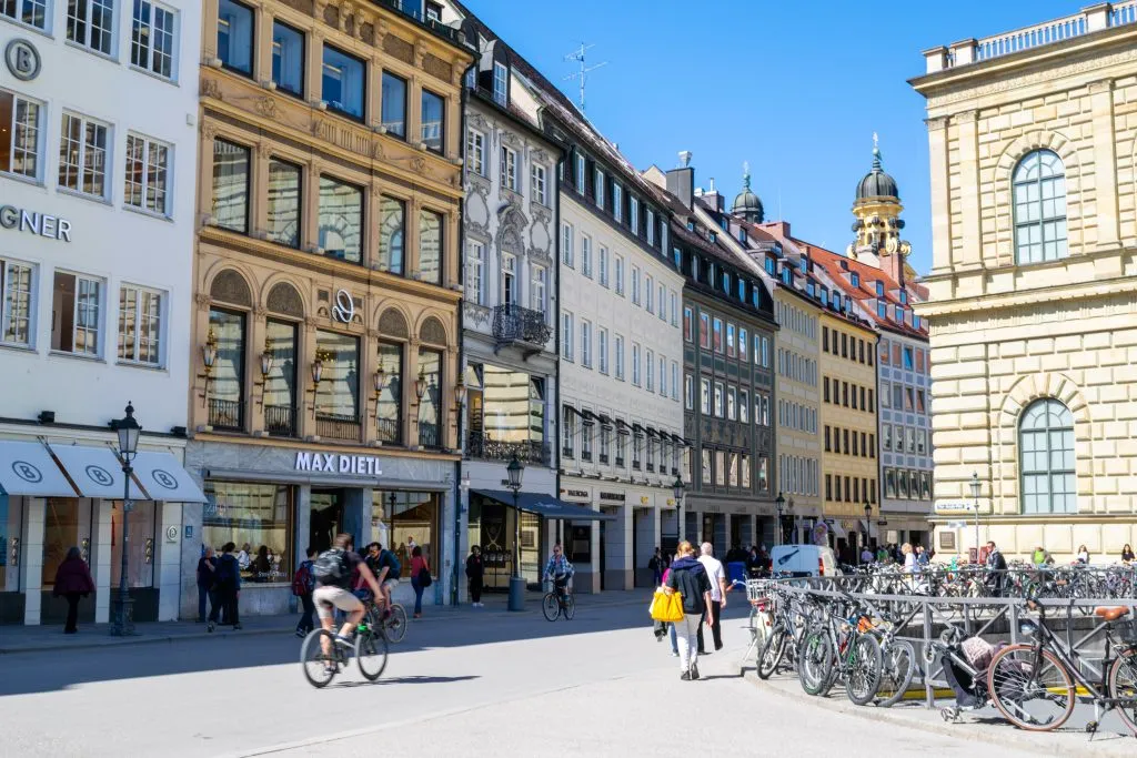 colorful street in the munich altstadt on a sunny spring day