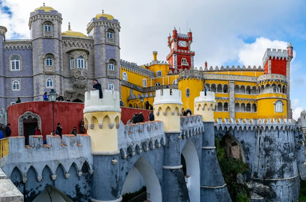 close up of the exterior facade of pena palace on a one day sintra day trip