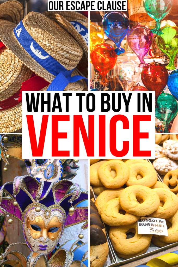 4 photos of venice gift ideas including hats, murano glass, masks, black and red text reads 'what to buy in venice'