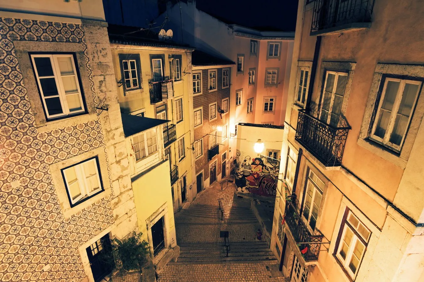 view of narrow streets in lisbon night