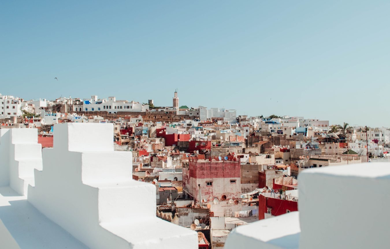 view of tangier medina from above as seen from a white rooftop
