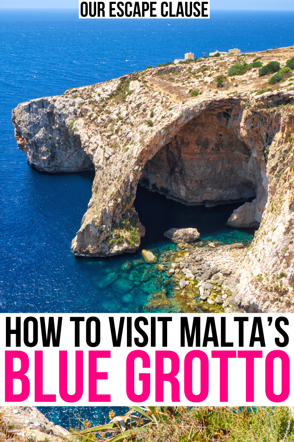 photo of blue grotto malta from above on a sunny day, black and pink text reads "how to visit malta's blue grotto"