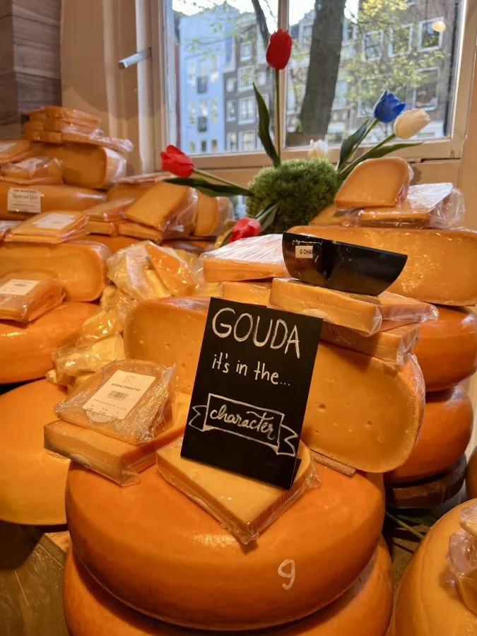 stacks of gouda for sale in an amsterdam cheese shop