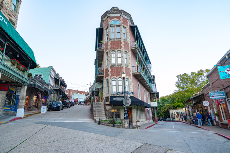 eureka springs flatiron building with streets on either side, visiting downtown is one of the best things to do in eureka springs arkansas