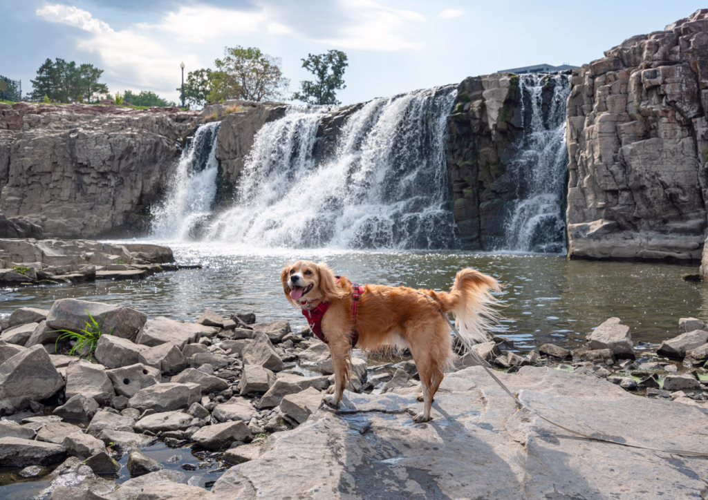 ranger storm standing in front of waterfall in sioux falls south dakota road trip itinerary