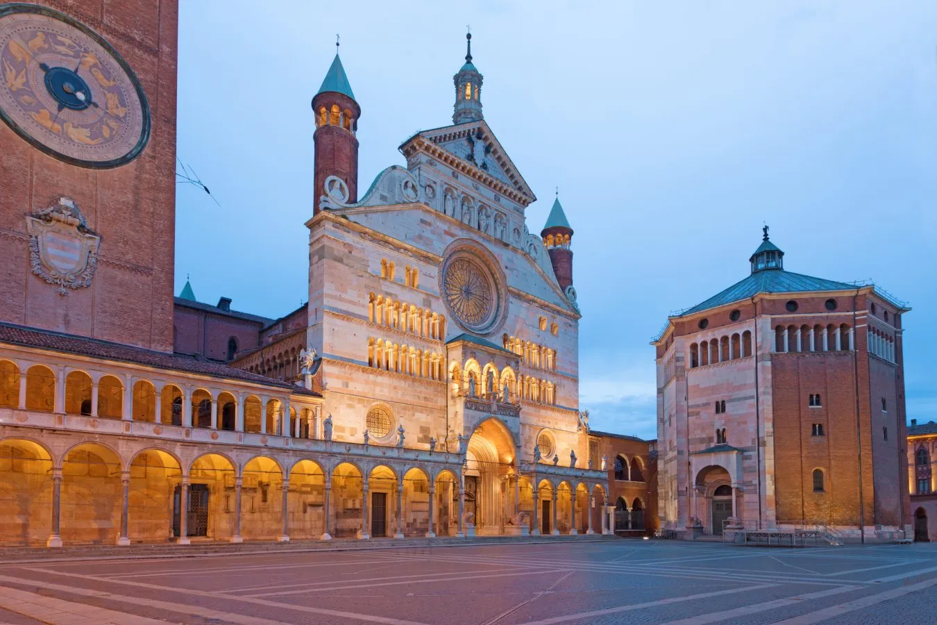 front facade of cremona cathedral during blue hour, one of the best parma day trip ideas