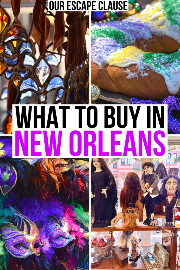 4 photos of things to buy in new orleans, fleur de lis, king cake, mardi gras masks, oddities. black and purple text reads 'what to buy in new orleans'