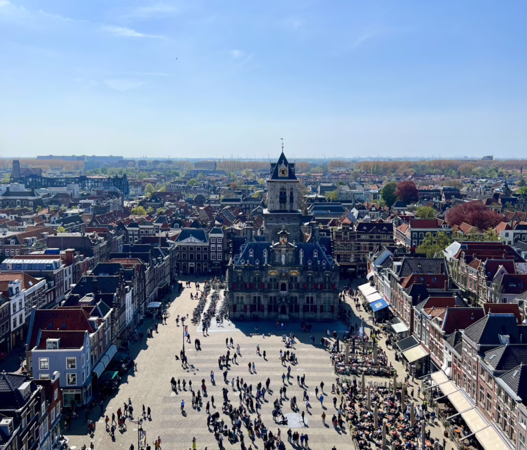 view of delft markt from above, a must-see view during a day trip to delft from amsterdam